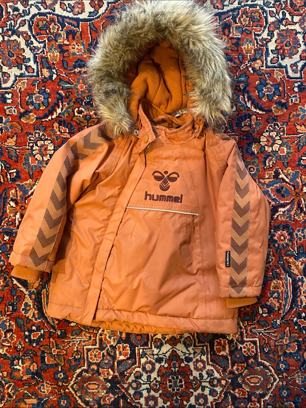 Hummel Kids Orange Puffer Jacket with Faux Fur Hood